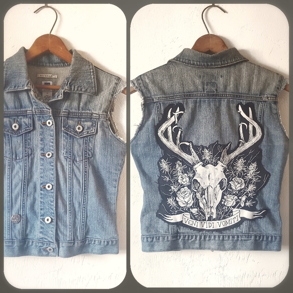 Hand Crafted Jackets & Blazers - Custom Elk skull band back patch vtg jean vest